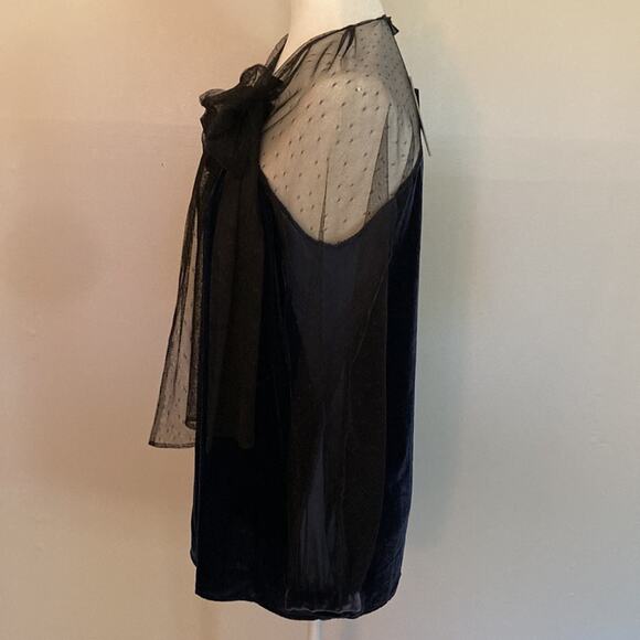 NWT BCBGMaxAzria Navy Velvet & Black Lace Sleeve Top Sz Small - Picture 5 of 11